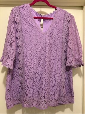 Women's Lavender Lace V-Neck Blouse with Scalloped Trim